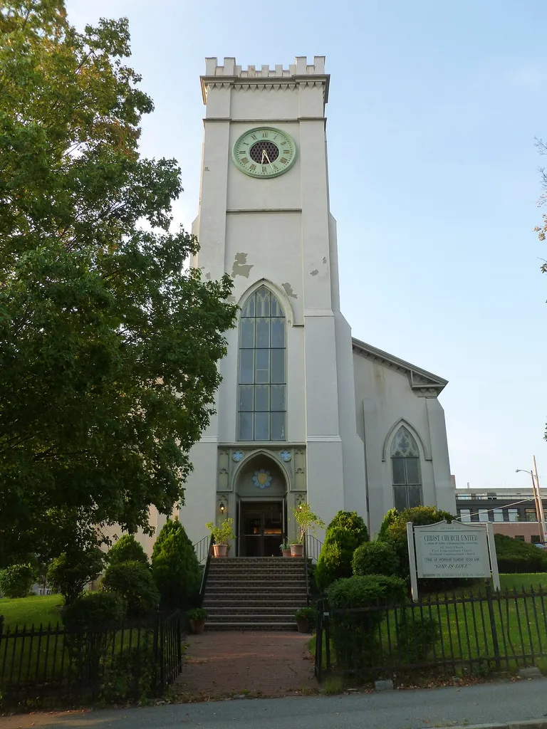Christ Church United, a church located at 180 East Merrimack Street, Lowell, Massachusetts. South (front) side of building shown.