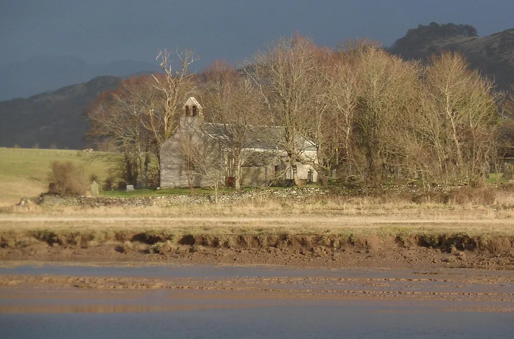 Waberthwaite church, seen from across the River Esk in winter