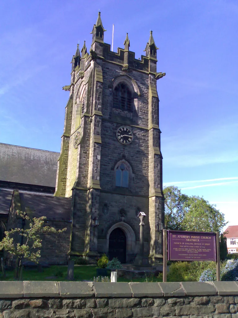 North tower of St Andrew's parish church, Swanwick, Derbyshire, seen from the north