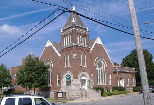 Front of First Baptist Church, located at 201 N. High Street in Salem, Indiana, United States. Built in 1900, it is listed on the National Register of Historic Places.