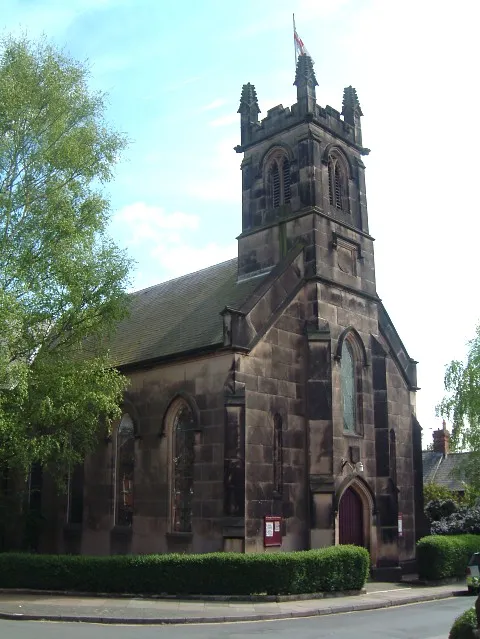 Parish church of St George of Cappadocia, Frankwell, Shrewsbury, seen from the northwest. St George's Street is on the left and Drinkwater Street is on the right.