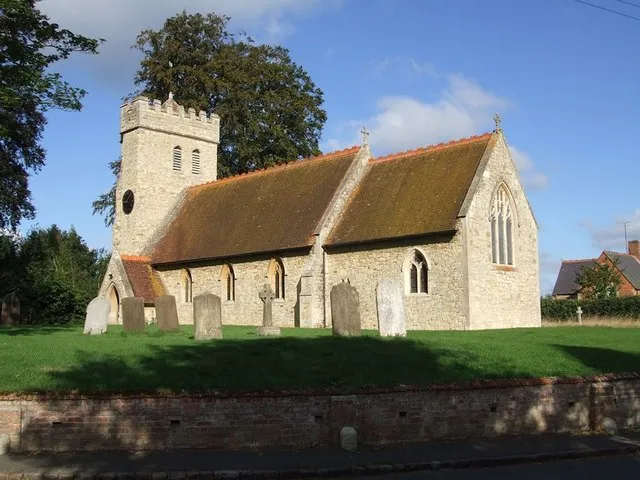 Church of England parish church of St. James the Great, Aston Abbotts, Buckinghamshire, seen from the southeast. The tower is late 15th or early 16th century, but the nave and chancel were demolished and replaced in 1865–66.