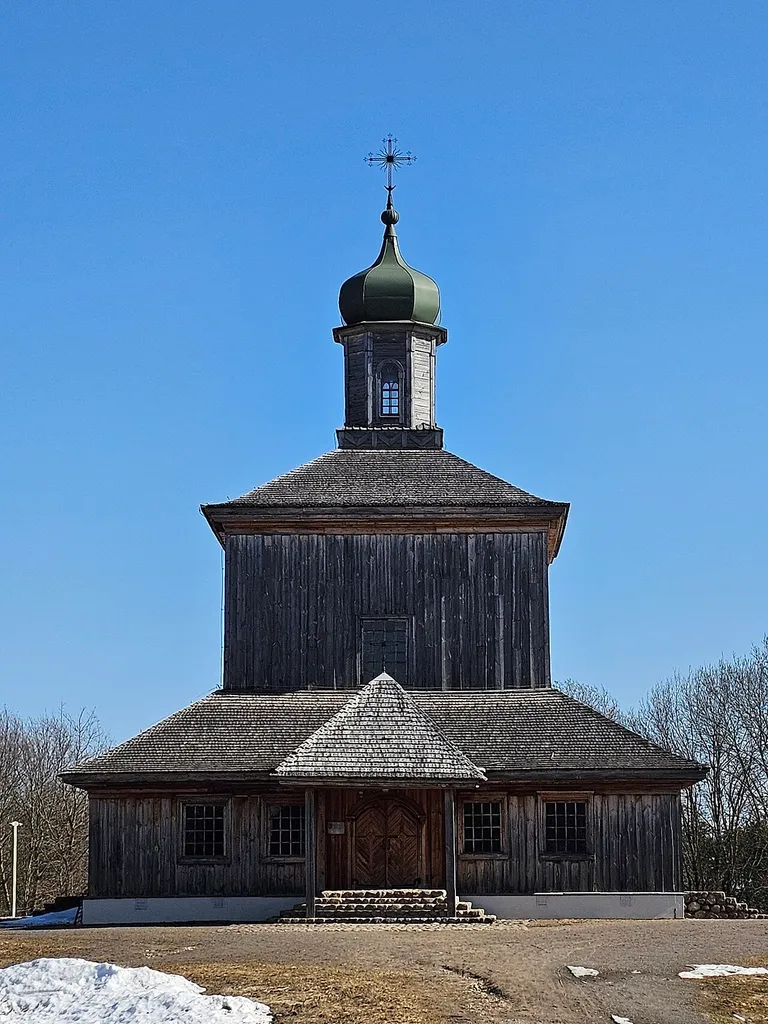 Exterior of the old wooden Church of the Transfiguration of the Lord from Barań in the State Museum of belarusian folk architecture and Life in Aziarco, Minsk district, Belarus.