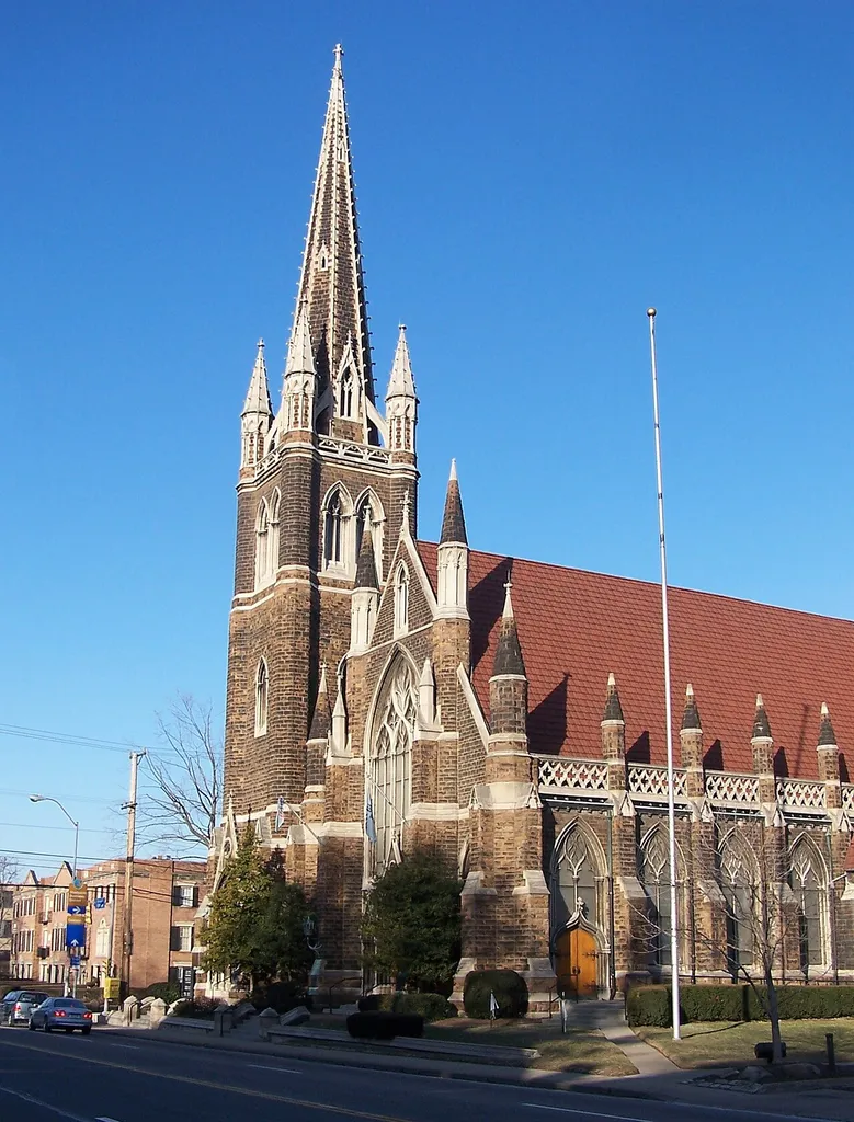 Third Presbyterian Church, Pittsburgh on Fifth Ave, Shadyside. Designed by Theophilus Parsons Chandler of Philadelphia. Several years earlier than his more famous First Pres downtown. The family resemblence is striking. A new steel tile roof was recently added. Much of the money for its construction was donated by Mary Thaw, of the prominent Pittsburgh family. Because of its distinctive color, it was nicknamed "St Mary's Chocolate Chapel." Chandler designed the Thaw's Gothic Revival residence, Lyndhurst.