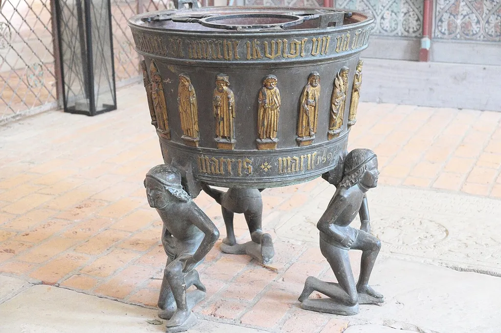 Evangelische Stadtkirche St. Marien in Gardelegen im Altmarkkreis Salzwedel (Sachsen-Anhalt/Deutschland), Bronze-Taufbecken von 1466, 1593 renoviert