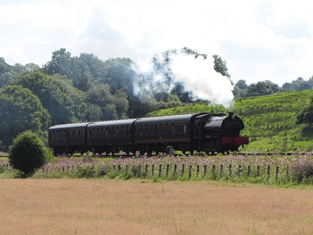 Gwili Railway near Bronwydd Arms. Austerity 0-6-0T locomotive 'Welsh Guardsman' heads north from the station.
