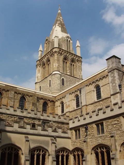 Tower and spire of Christ Church Cathedral, Oxford, seen from the cloisters
