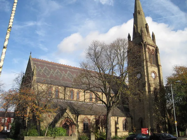 Parish church of the Holy Innocents and St James, Wilbraham Road, Fallowfield, Manchester, seen from the southwest