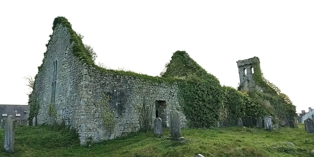 The medieval parish church ruin which was once divided to accommodate Protestant and Catholic services. It is thought to have originated in the 13th century with many adaptations over the centuries.