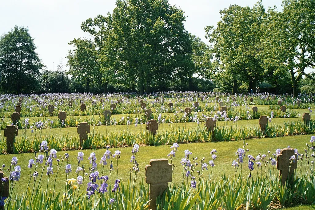 Red sandstone grave markers in the German war cemetery at Saint-Désir-de-Lisieux