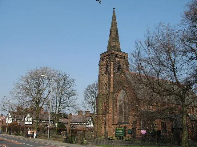 St Stephen's parish church, Belle Vale Road, Gateacre, Liverpool, seen from the southwest. The foundation stone was laid 1 April 1872.