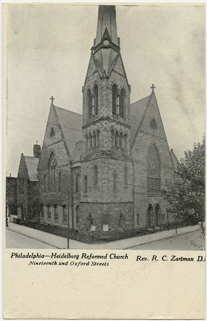 Heidelburg Reformed Church in Philadelphia, Pennsylvania on a pre-1923 postcard. From RG 428, Postcard Collection, Presbyterian Historical Society, Philadelphia, Pennsylvania.