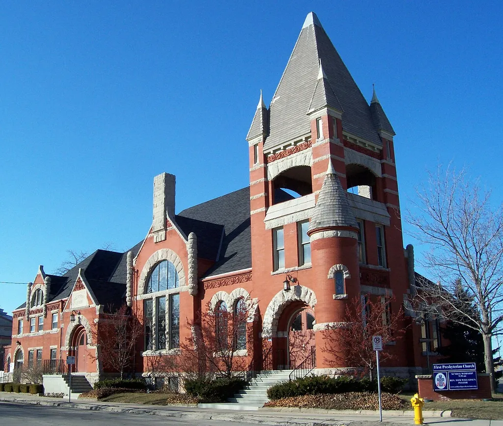 The First Presbyterian Church in w:Oshkosh, Wisconsin, USA. It is listed on the National Register of Historic Places.