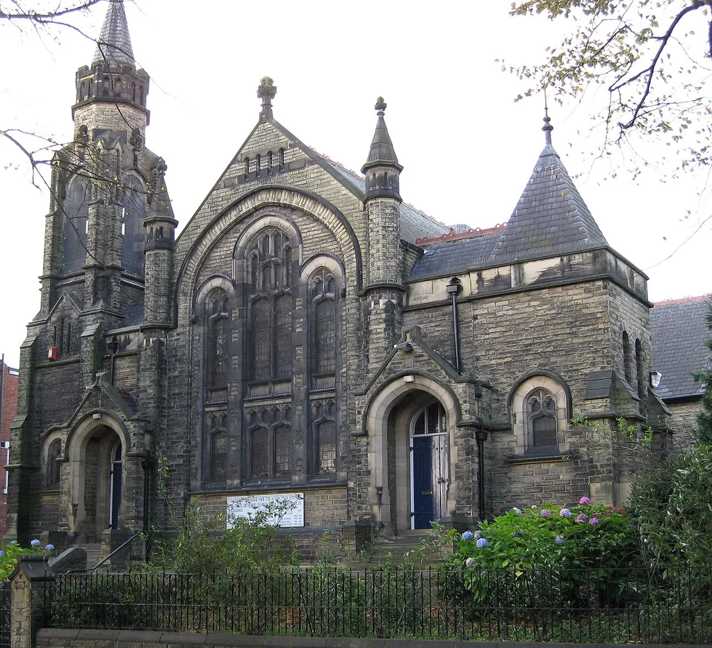 Three Hierarchs Greek Orthodox Church, Harehills Avenue, Leeds, LS8 4EU, seen from the southeast. Built 1906 as a Methodist chapel.