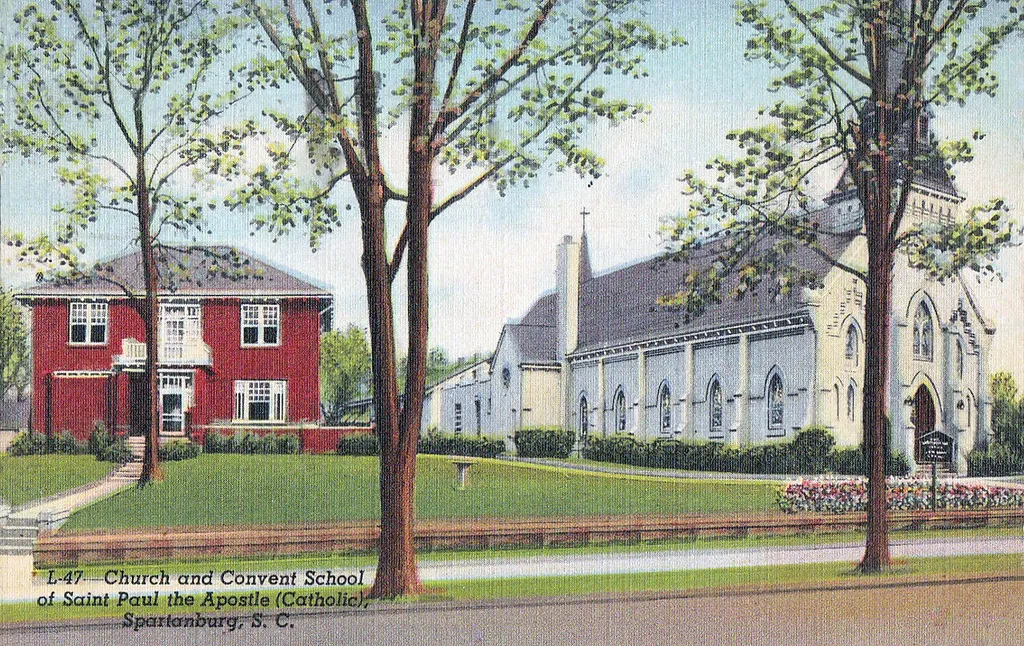 Photomechanical print (postcard) : halftone, colored Divided back No. L-47 Printed by Curt Teich &amp; Co. Dedicated October 14, 1883, enlarged and remodeled 1937. The building to the left of the church has been demolished.