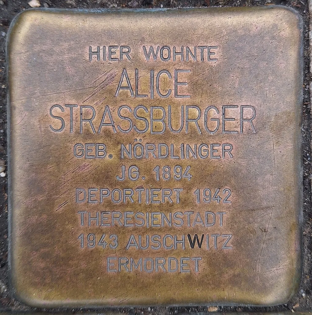 Hier wohnte, Alice, Strassburger, geb. Nördlinger, Jg. 1894, deportiert 1942, Theresienstadt, 1943 Auschwitz, ermordet