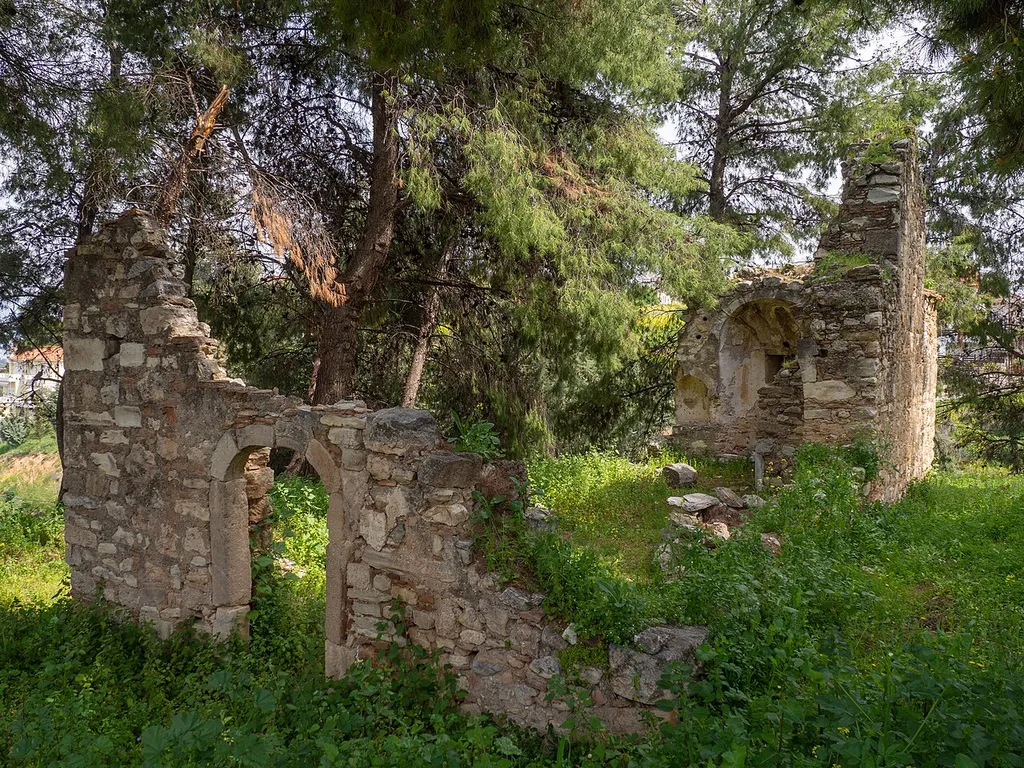 The ruins of the medieval church of Saint Nicholaos in Oropos, Attica. It collapsed due to an earthquake in 1938.