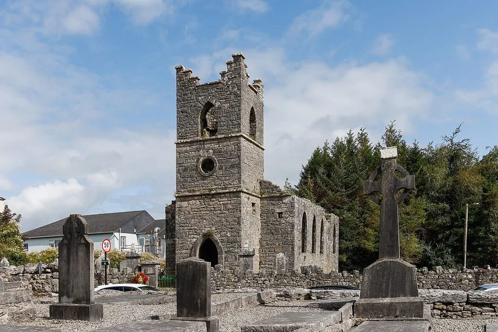 Church erected by the Board of the First Fruits in 1811–3 and closed in 1865, now in ruins. As seen from Cong Abbey, looking east. (See NIAH record.)