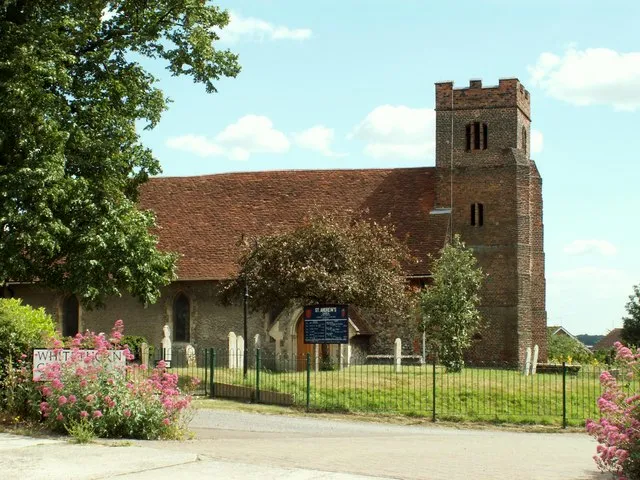 St Andrew's parish church, Greenstead, Essex, seen from the north. The church is 12th-century Norman, with a 16th-century west tower and a 19th-century south aisle. The Norman builders re-used Roman brick, presumably from abandoned buildings in Colchester.