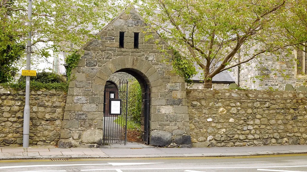 The lychgate at the entrance to St Cadfan's church, Tywyn