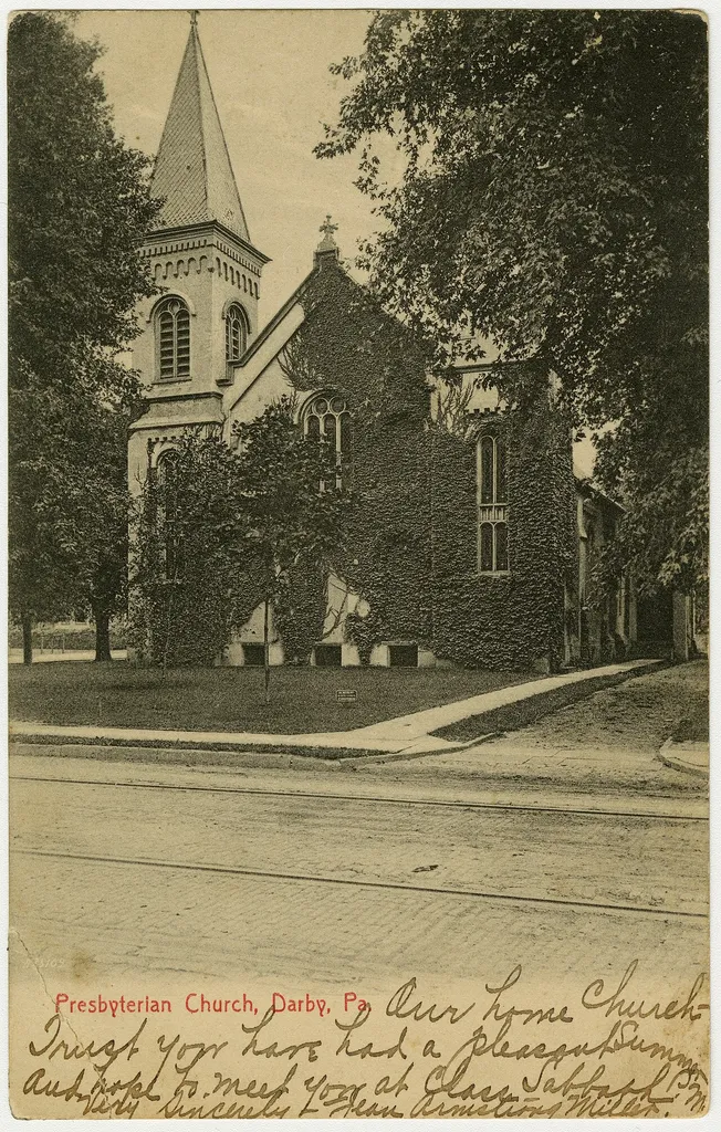 Presbyterian church in Darby, Pennsylvania from a pre-1923 postcard From RG 428, Postcard Collection, Presbyterian Historical Society, Philadelphia, Pennsylvania