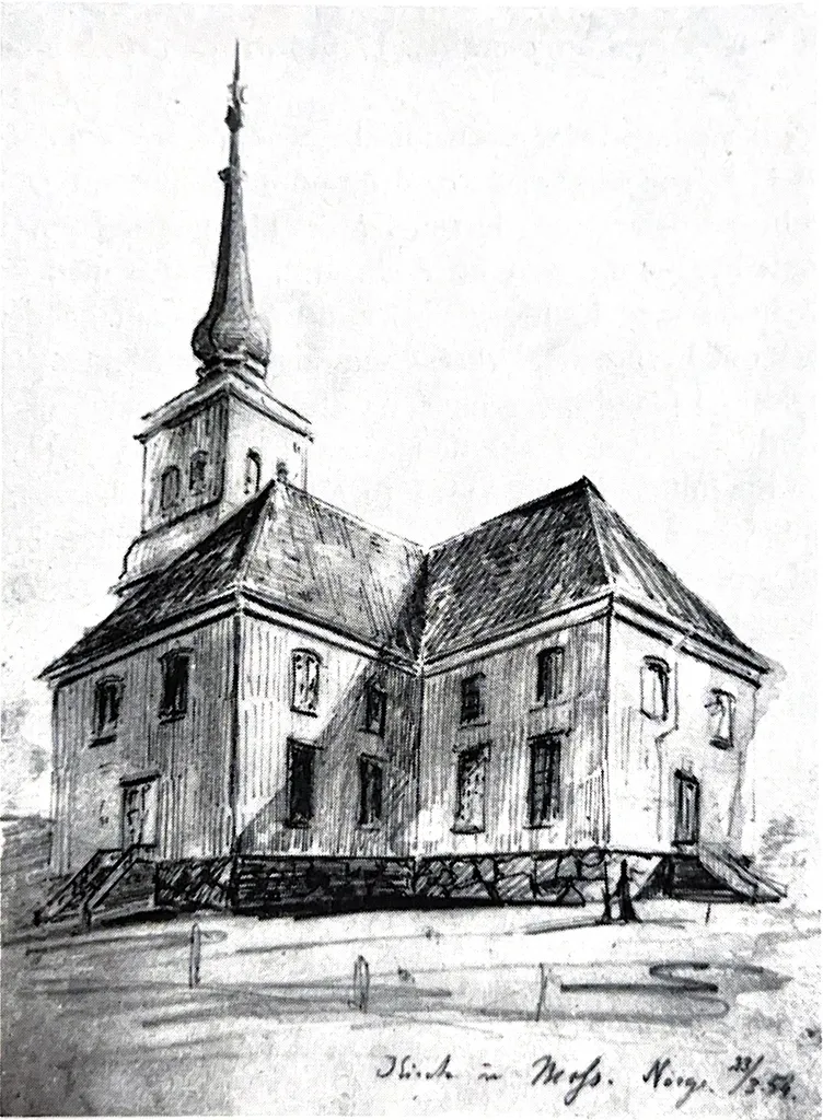 Moss kirke oppført i 1779. Tegning av A.F.W.v.Hanno 1854