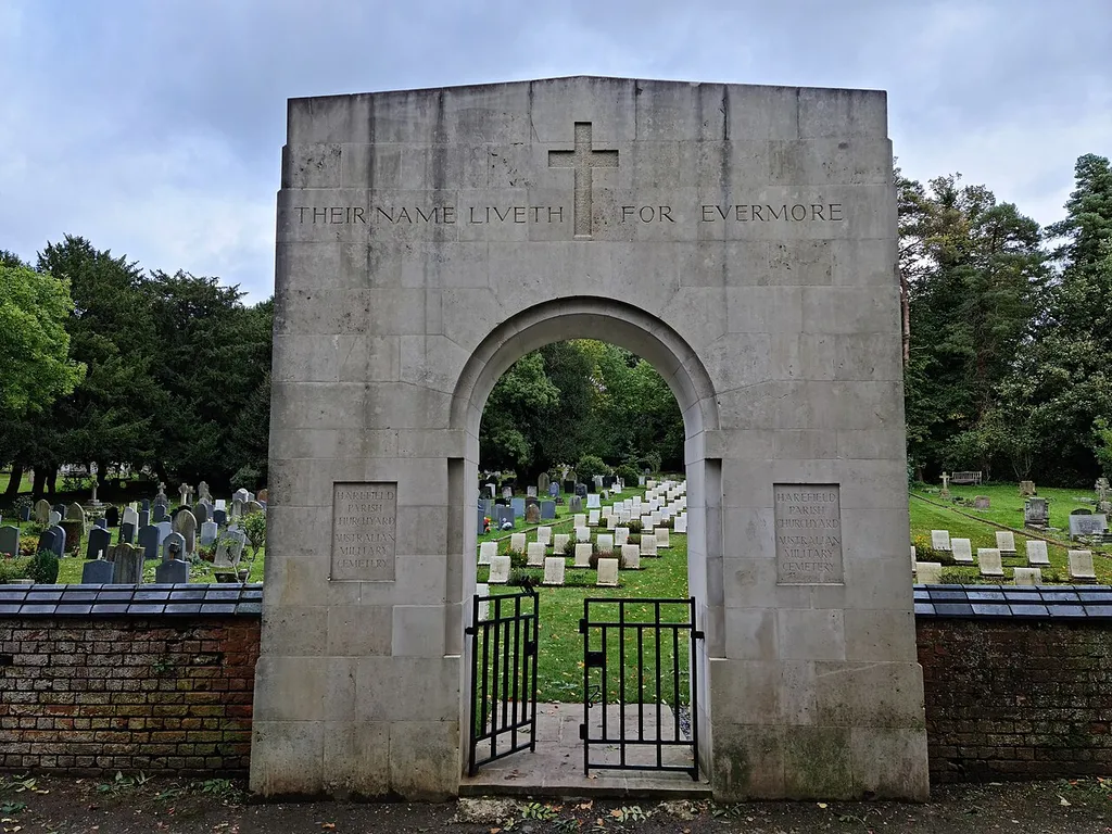 Dedicated plot for Australian and New Zealander casualties of the First World War in the grounds of St Mary the Virgin's Church, Harefield, London Borough of Hillingdon. The plot was dedicated in 1916 for the burial of ANZAC casualties being treated at the nearby Harefield Hospital. At the time, the Imperial War Graves Commission had yet to decide on its standard design for war graves, and as a consequence the gravestones are of a "scroll" design unique among Commonwealth military cemeteries.