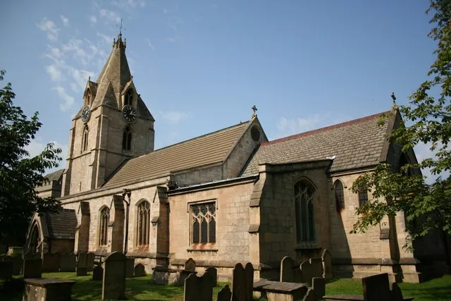 St.Edmund's church, Mansfield Woodhouse. The tower and short broach spire were rebuilt after a fire in 1304, the rest of the church is largely 1804-10, much restored by Sir G.G.Scott 1847-50.