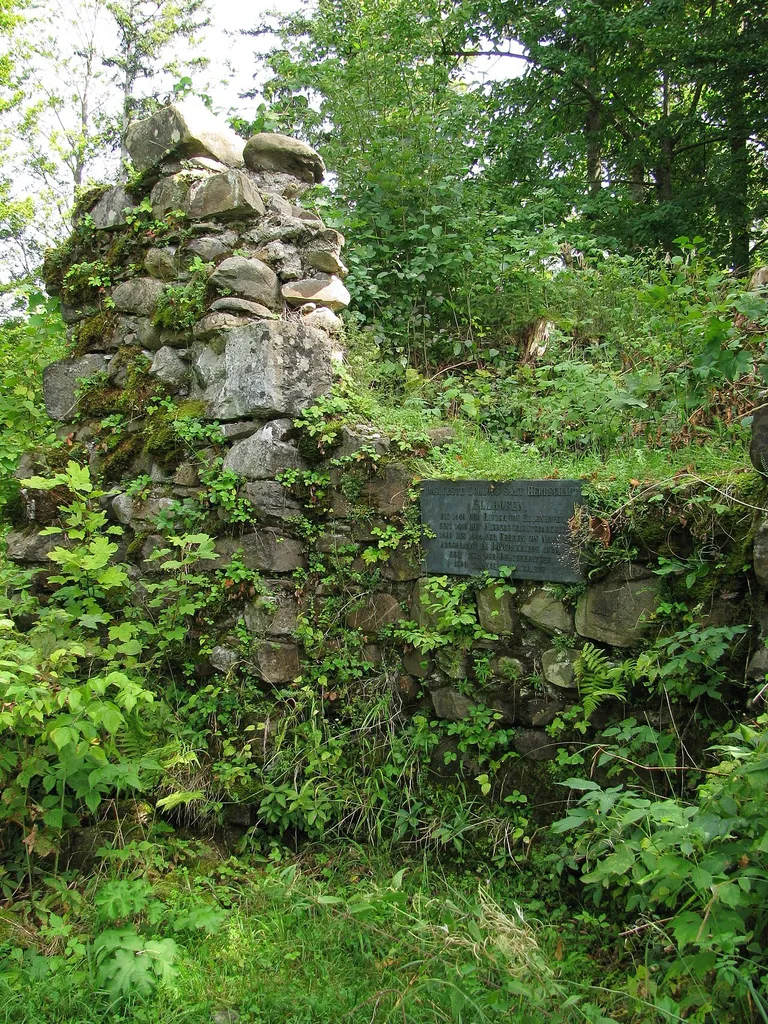 Burgruine Ellhofen; Mauerreste mit Gedenktafel.