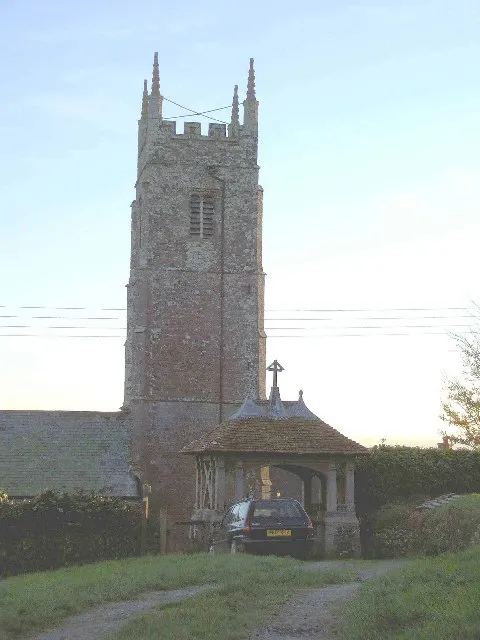 Lychgate and west tower of St John the Evangelist's parish church, Warkleigh, Devon