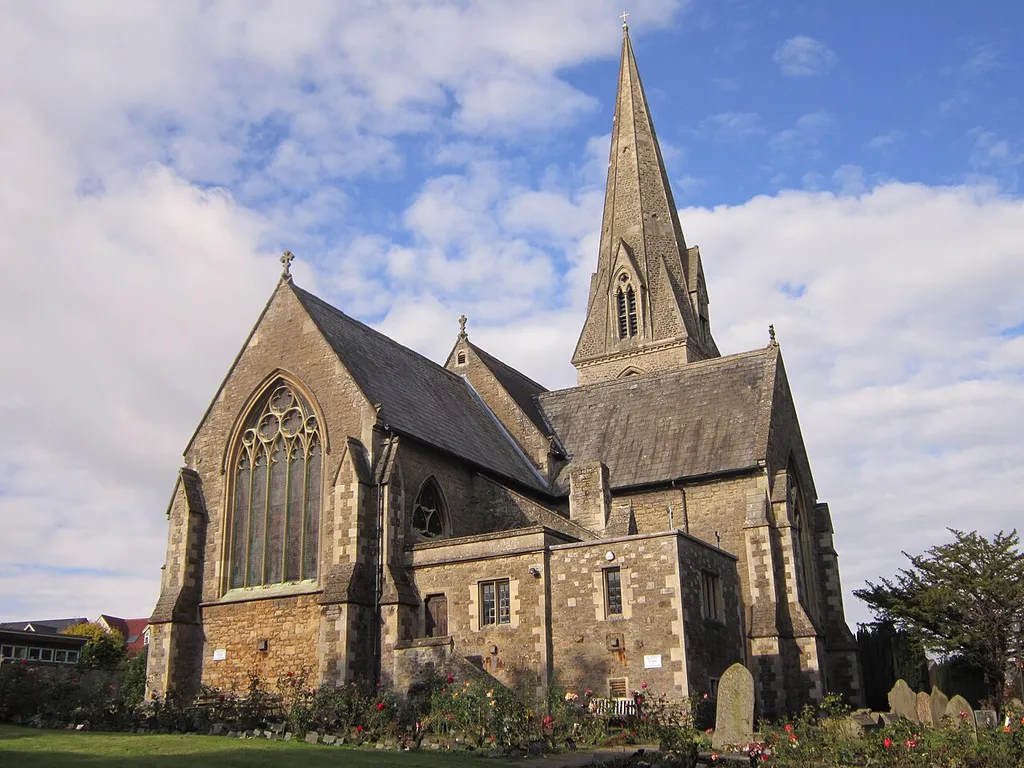 Christ Church, Swindon: view from the northeast, showing the chancel (left), spire (centre) and north transept (right)