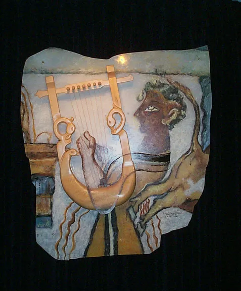 Seven-stringed forminx of the Minoan period, image from the Museum of Ancient, Byzantine, and Postbyzantine Musical Instruments, Thessaloniki, Central Macedonia, Greece