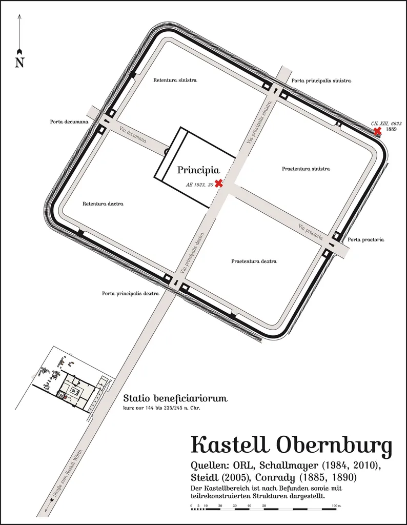Ausgrabungsergebnisse aus Obernburg am Main von 1882 bis 2007. Hergestellt am Macintosh unter Macromedia Freehand MX; abgespeichert für Wikipedia unter Adobe Photoshop CS 2. Dies ist die deutsche Originalversion.