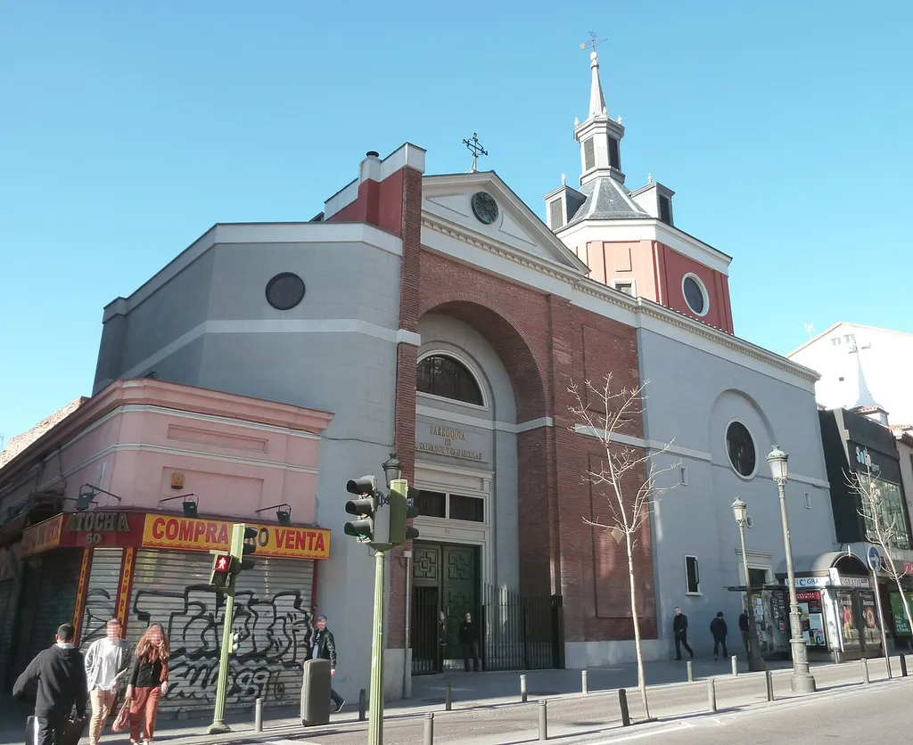 Façade of Parroquia de San Salvador y San Nicolás (a parish church), at 58 Calle de Atocha (street) in Centro district in Madrid (Spain).