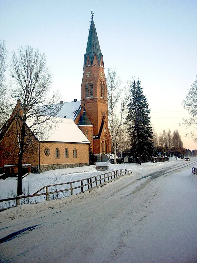 Church of Kauhava, Finland seen from the Kirkkotie bridge