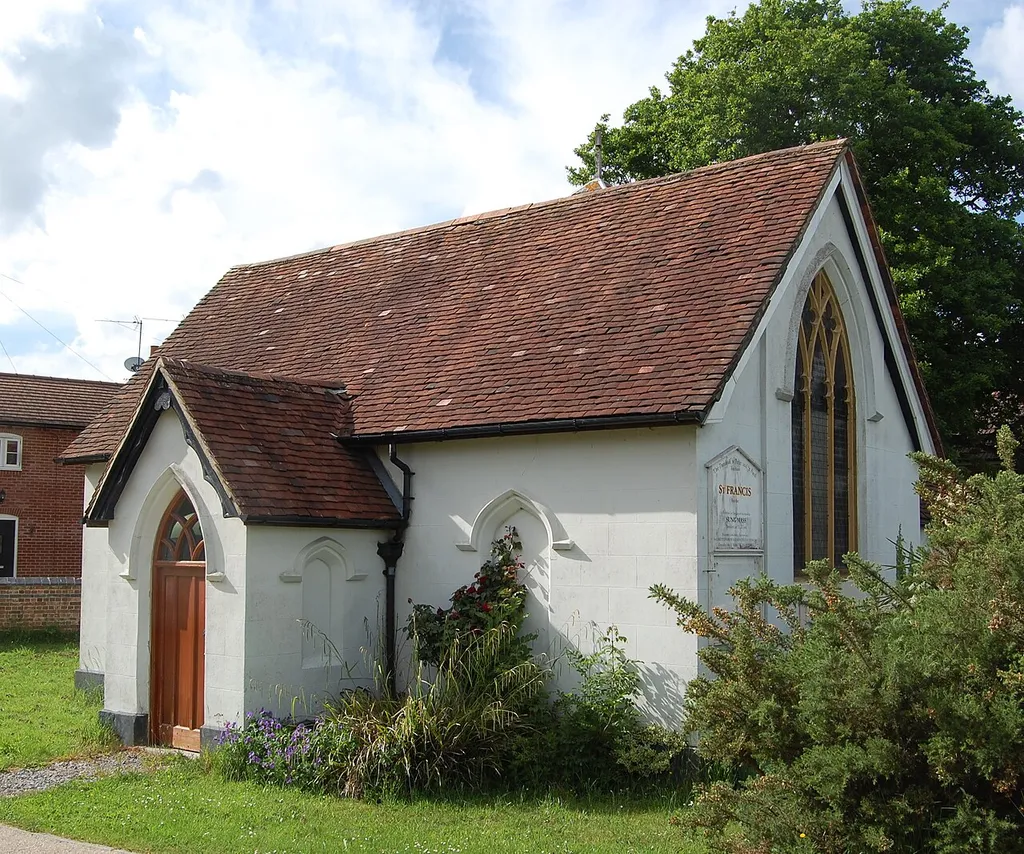 Former St Francis' Church, Funtley Hill, Funtley, Borough of Fareham, Hampshire, England. Built in 1836 as a school but converted into a chapel of ease within the Anglican parish of St Peter and St Paul's Church, Fareham, in the late 19th century. It closed in July 2018.