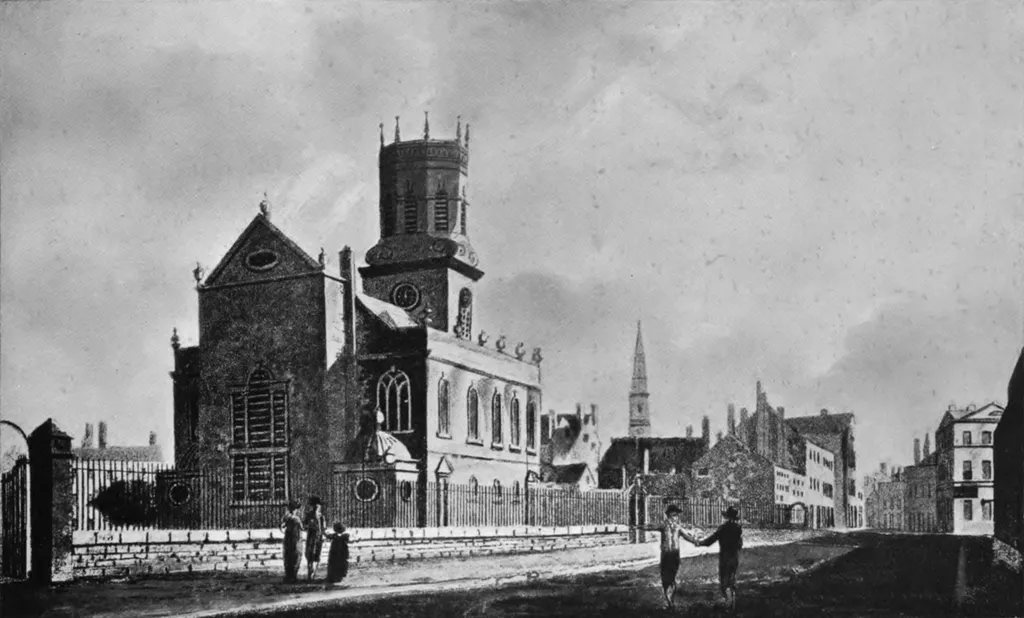 St Peter's Church, Liverpool looking West along Church Street towards Lord Street in 1800. Drawn by W. H. Watts, Engraved by W. Green.
