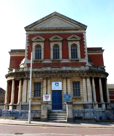 West Croydon Baptist Church, near to Croydon, Great Britain. This church still looks imposing, despite being overshadowed by much taller buildings.