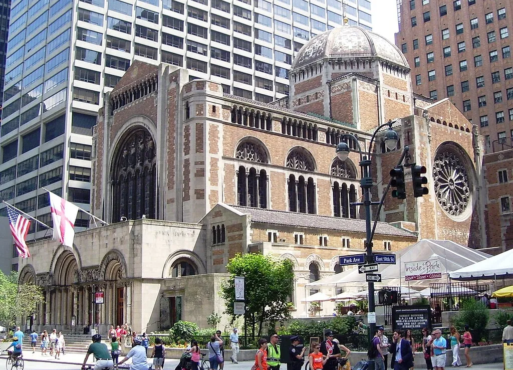 St. Bartholomew's Church on Park Avenue between East 51st and East 52nd Street in Midtown Manhattan, New York City during "Summer Streets", when seven miles of streets are closed to vehicular traffic, including Park Avenue from 14th to 72nd Streets.
