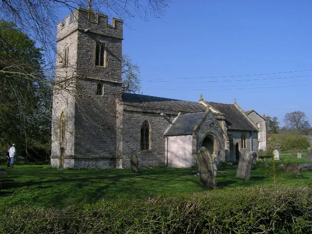 West Bradley parish church, Somerset, seen from the south. The parish church's dedication is unknown.