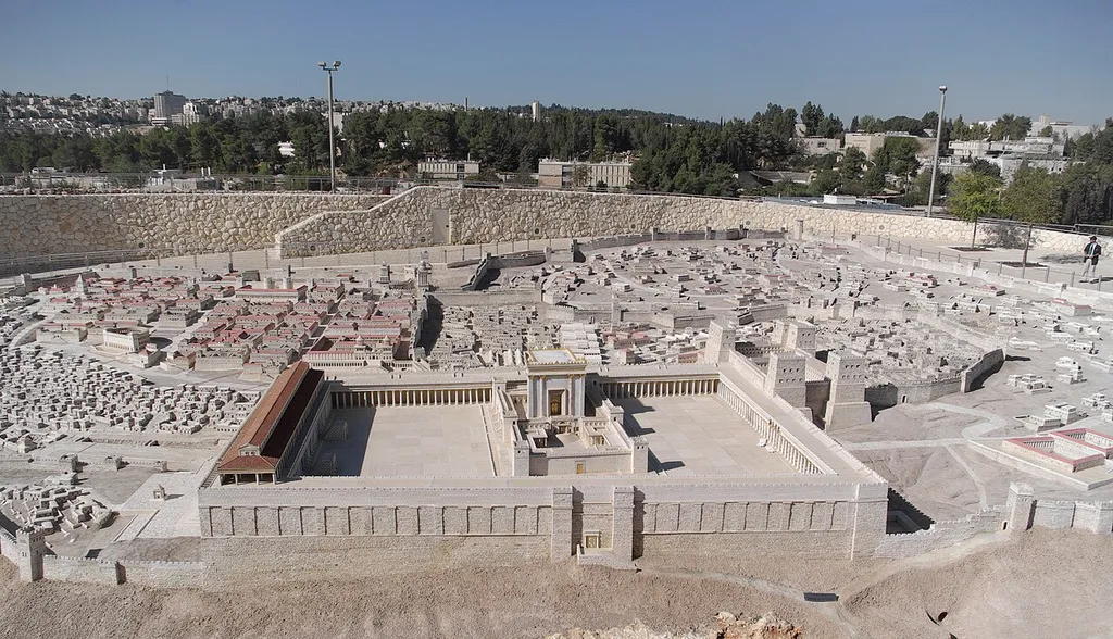 Holyland Model of Jerusalem. A model of Herod's Temple adjacent to the Shrine of the Book exhibit at the Israel Museum, Jerusalem.