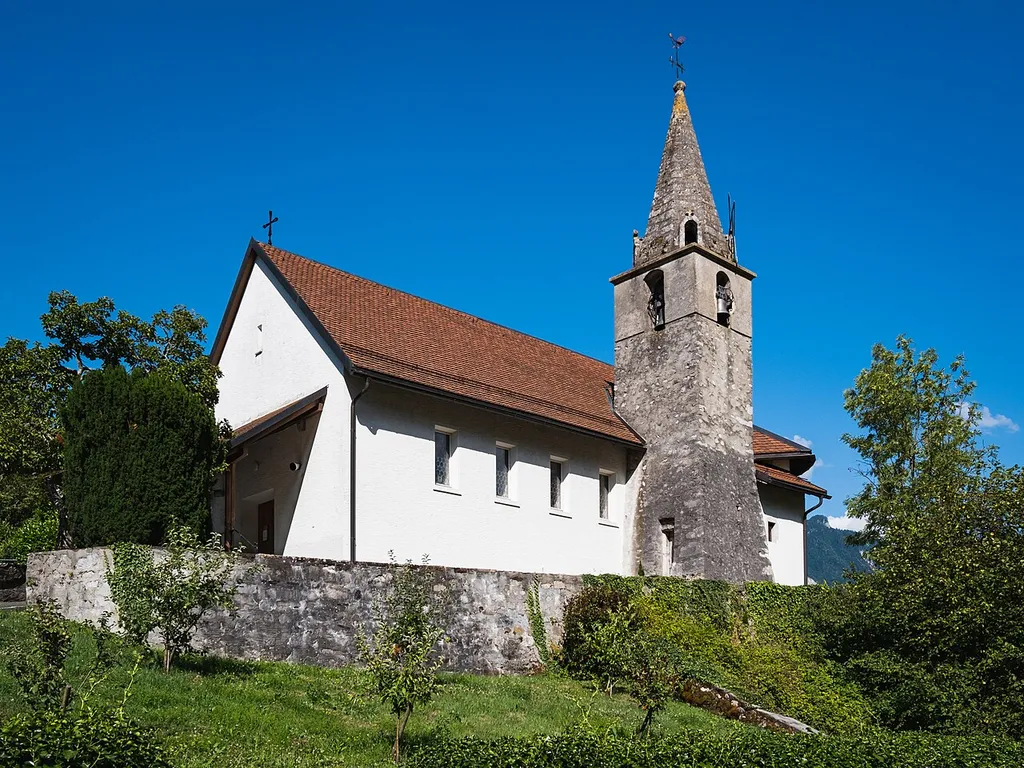 Saint-Michel church in Port-Valais, Switzerland, seen from the west.