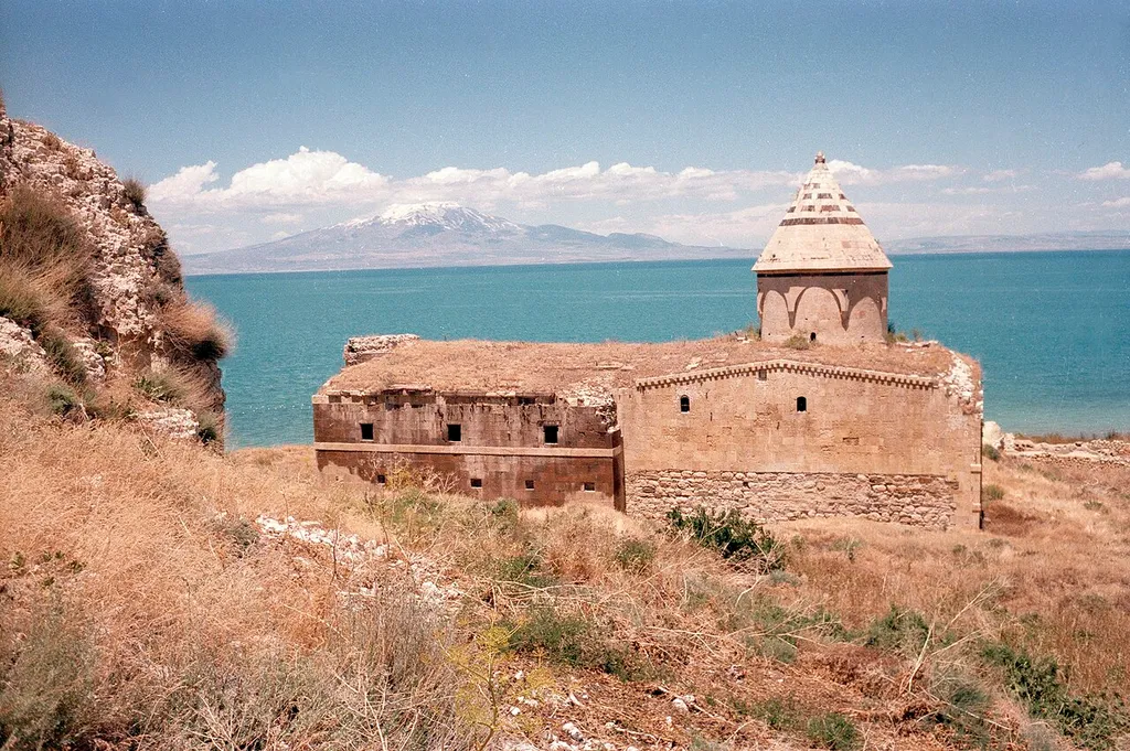 The 15th century Armenian monastery of Ktuts on Lake Van in the Armenian plateau (historical Armenia). Mount Sipan is in the distance