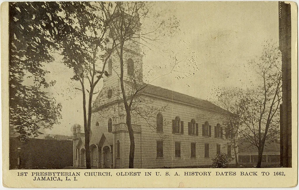 Presbyterian church in Jamaica, Queens, New York from a pre-1923 postcard From RG 428, Postcard Collection, Presbyterian Historical Society, Philadelphia, Pennsylvania.