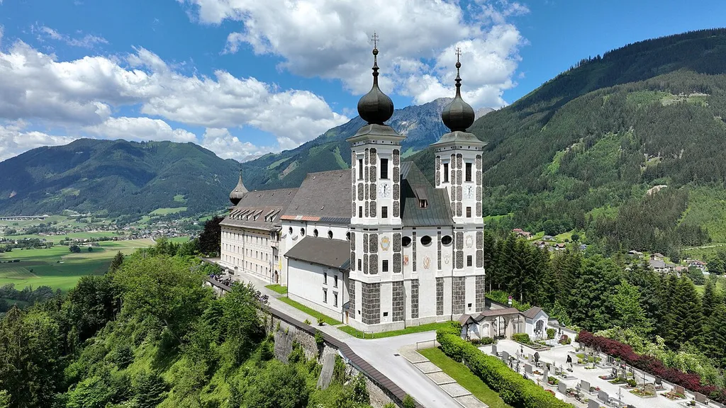 Southeast view of the Pilgrimage Church of Frauenberg in Ardning, Austria.