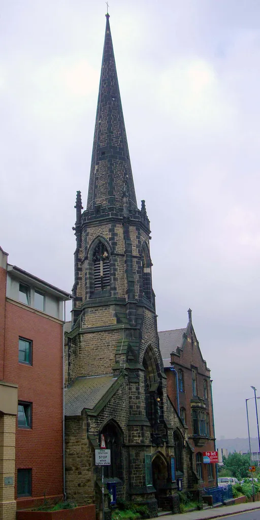 West tower and spire of St Matthew's parish church, Carver Street, Sheffield, South Yorkshire, seen from the northwest