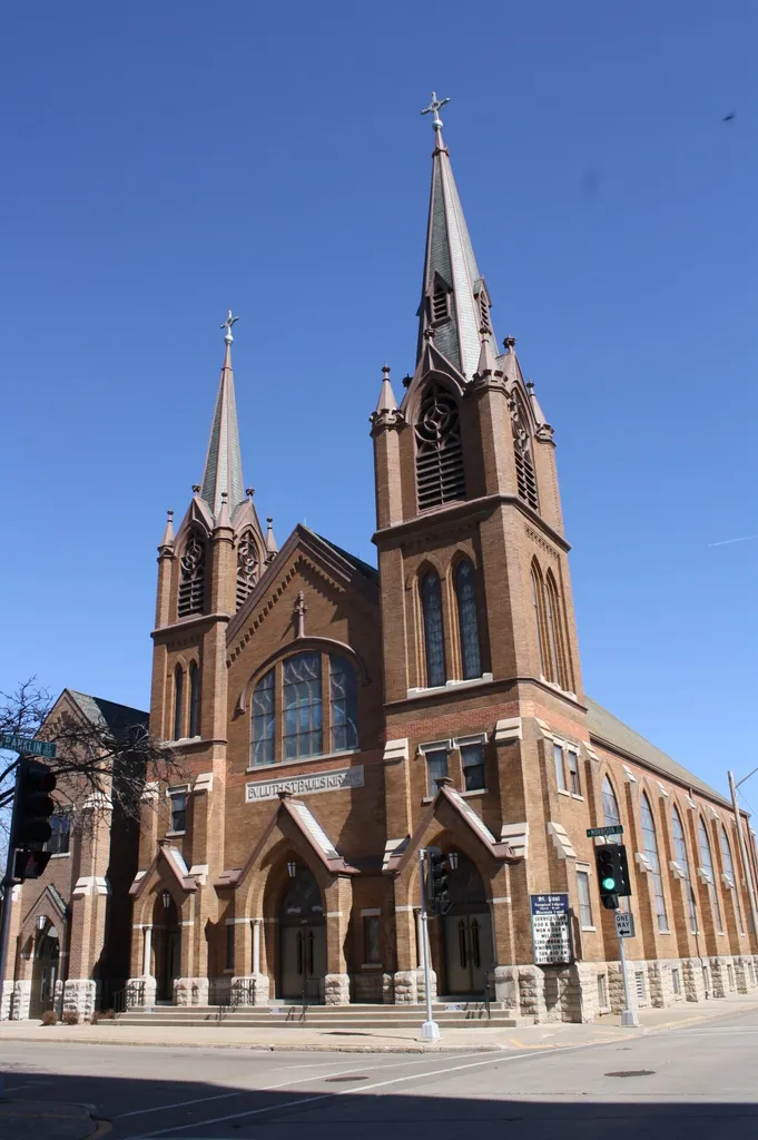 The St. Paul Evangelical Lutheran Church in Appleton, Wisconsin, listed on the National Register of Historic Places. This file was uploaded with Commonist.