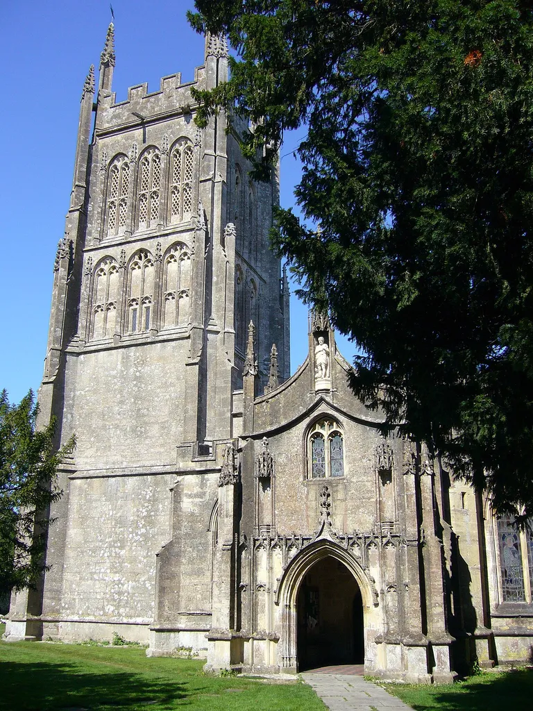 West tower and south porch of St Andrew's parish church, Mells, Somerset, seen from the south in September 2007