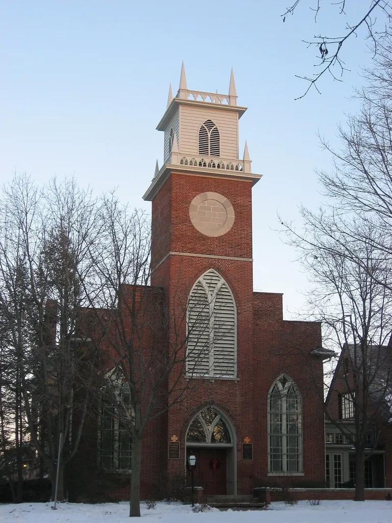 Front of St. John's Episcopal Church, located at 700 High Street (U.S. Route 23) in Worthington, Ohio, United States. Built in 1827, it is listed on the National Register of Historic Places, and it is a part of a Register-listed historic district, the Worthington Historic District.