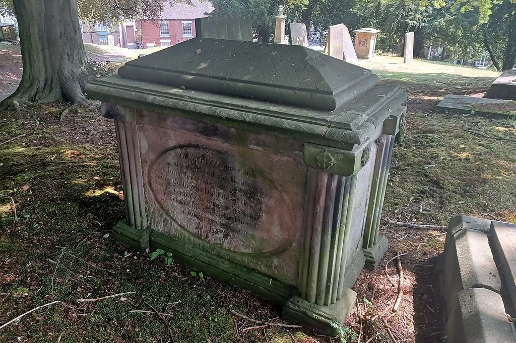 Grade II listed chest tomb in the churchyard of St Giles the Abbot's parish church, Cheadle, Staffordshire. Listed as "Jeffreys Memorial approximately 50 metres south south east of Church of St Giles". .mw-parser-output .messagebox{margin:4px 0;width:auto;border-collapse:collapse;border:2px solid var(--border-color-progressive,#6485d1);background-color:var(--background-color-neutral-subtle,#fbfcff);color:var(--color-base,#202122);box-sizing:border-box;border-inline-start-width:8px}.mw-parser-output .messagebox.mbox-small{font-size:88%;line-height:1.25em}.mw-parser-output .mbox-warning,.mw-parser-output .mbox-speedy{border:2px solid var(--border-color-error,#b22222);background:var(--background-color-error-subtle,#ffdbdb);border-inline-start-width:8px}.mw-parser-output .mbox-serious,.mw-parser-output .mbox-delete,.mw-parser-output .mbox-stop{border:2px solid var(--border-color-error,#b22222);border-inline-start-width:8px}.mw-parser-output .mbox-issue,.mw-parser-output .mbox-content{border:2px solid #f28500;background:var(--background-color-warning-subtle,#ffe);border-inline-start-width:8px}.mw-parser-output .mbox-query,.mw-parser-output .mbox-style{border:2px solid #f4c430;background:var(--background-color-warning-subtle,#ffe);border-inline-start-width:8px}.mw-parser-output .mbox-shit{border:2px solid #960;border-inline-start-width:8px}.mw-parser-output .mbox-license{border:2px solid #88a;border-inline-start-width:initial}.mw-parser-output .mbox-legal{border:2px solid var(--border-color-notice,#666);background:var(--background-color-base,#fff);border-inline-start-width:8px}.mw-parser-output .mbox-honor{border:2px solid #ca3;background:var(--background-color-warning-subtle,#fcf4db);border-inline-start-width:8px}.mw-parser-output .mbox-growth{border:2px solid #8d4;background:var(--background-color-success-subtle,#d5fdf4);border-inline-start-width:8px}.mw-parser-output .mbox-move{border:2px solid #93c;border-inline-start-width:8px}.mw-parser-output .mbox-protection,.mw-p